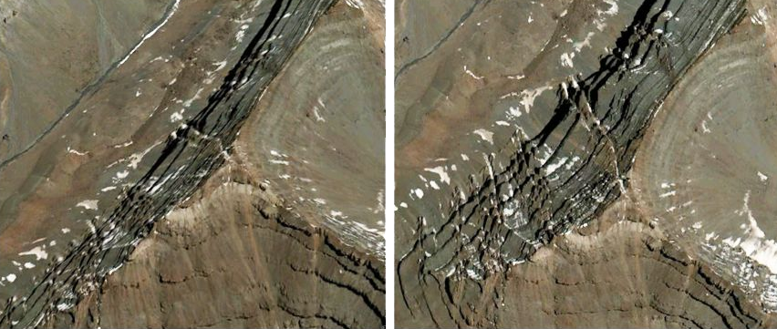 Космический снимок до (слева) и после (справа) ортотрансформирования