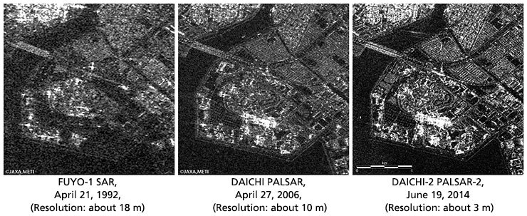 Сравнение снимков, полученных со спутников FUYO-1 (разрешение 18 м), ALOS (10 м) и ALOS-2 (3 м)