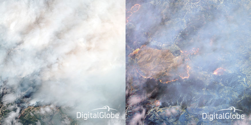 Сравнение снимков лесного пожара, сделанных сенсорами VNIR (слева) и SWIR (справа) 