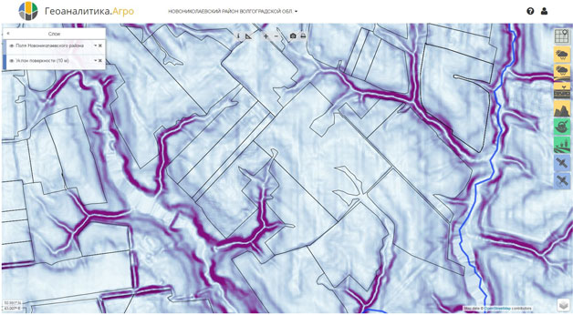 Отображение карты уклонов склонов в сервисе Геоаналитика.Агро