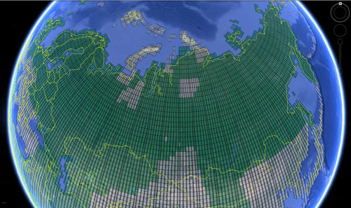 Схема покрытия территории России и стран СНГ данными ЦММ WorldDEM (зеленые прямоугольники).