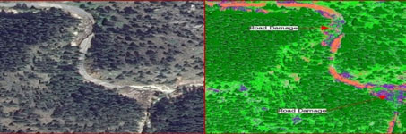 Космический снимок до обработки (слева) и после обработки в ПК ENVI (справа)